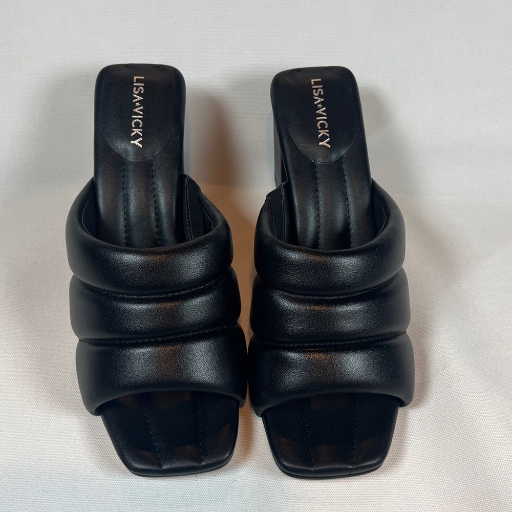 Lisa Vicky Very Sandals Black Napa Leather Heeled Open-Back Slip-On Dress Shoe - Picture 3 of 7